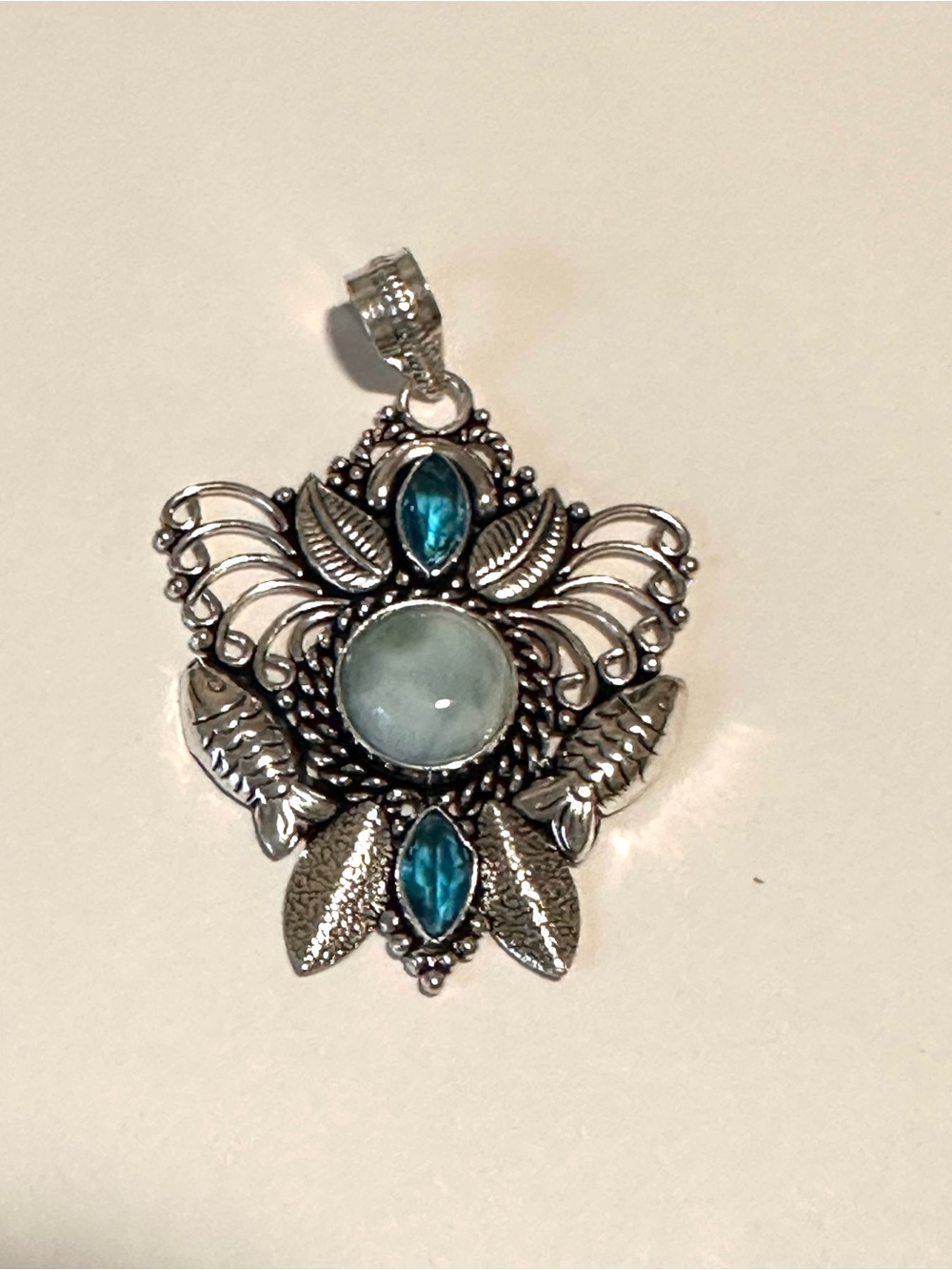 Larimar blue topaz Silver Floral fish Pendant